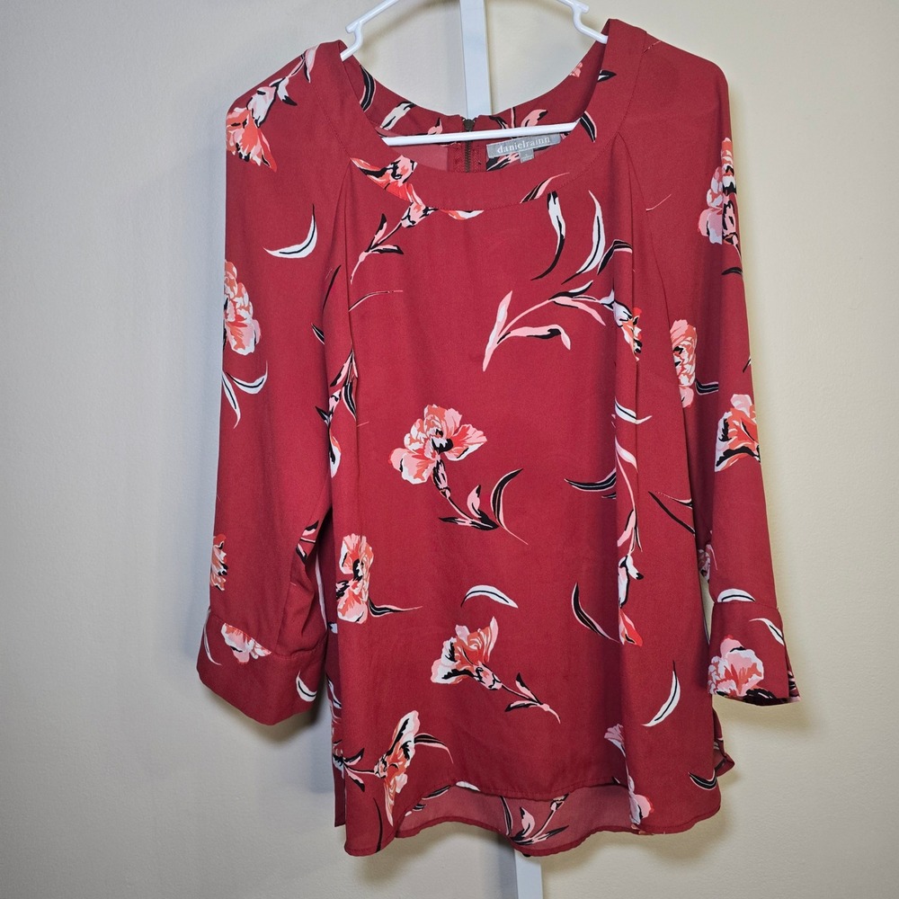 Daniel Rainn Red Floral 3/4 Sleeve Blouse Top with Back Zipper Womens Large